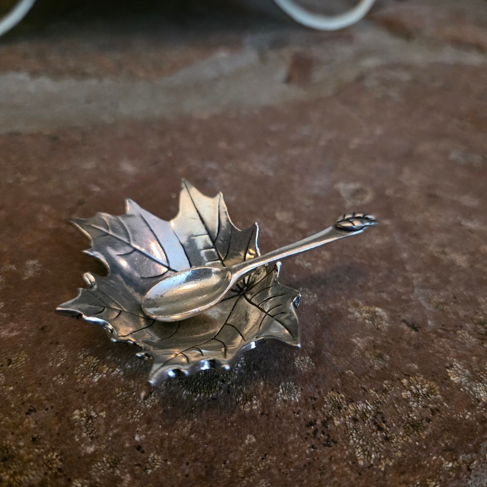 Vintage Pewter Maple Leaf Salt Cellar with Matching Tiny Spoon Set